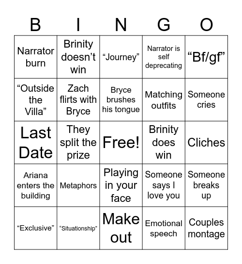 Love Island Finale Bingo Card