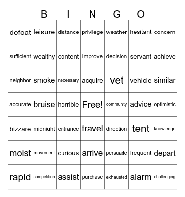 VOCABULARY Bingo Card