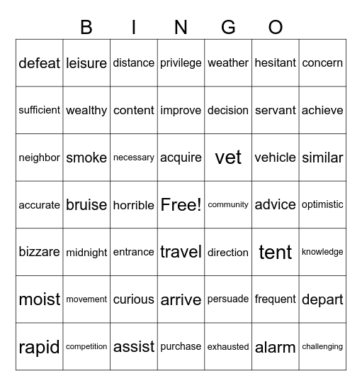 VOCABULARY Bingo Card