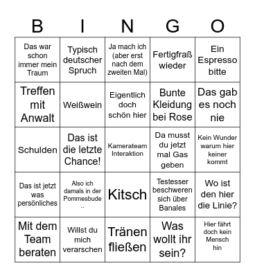 Rosins Restaurant wow Bingo Card