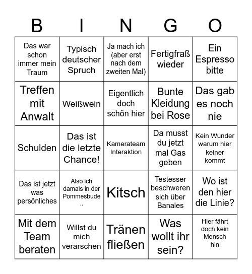 Rosins Restaurant wow Bingo Card