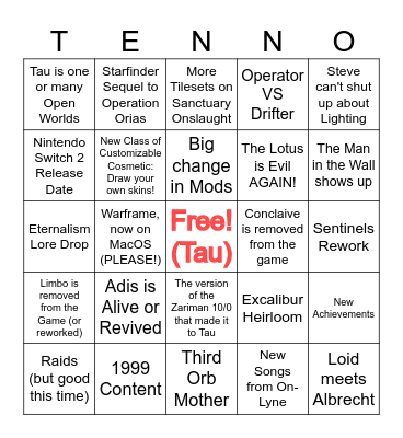 Tenno Live 2026 Bingo Card