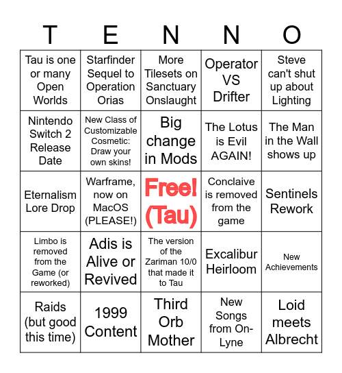 Tenno Live 2026 Bingo Card