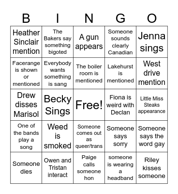 Degrassi Bingo Card