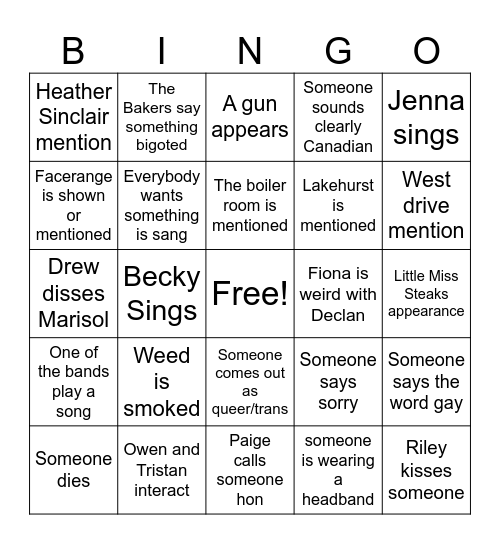 Degrassi Bingo Card
