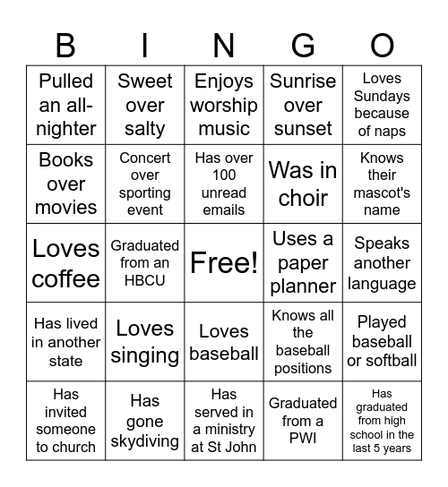 G.R.A.C.E. Around the Bases Bingo Card