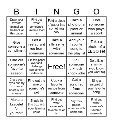 Friendship Bingo Card