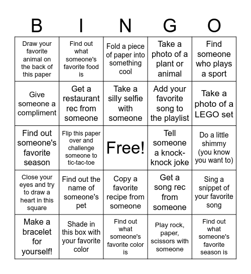 Friendship Bingo Card