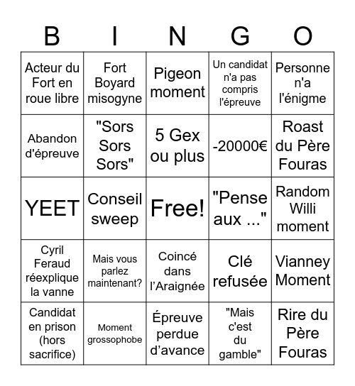 Fort Boyard Bingo Card