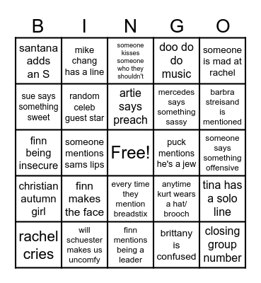 Glee Bingo Card
