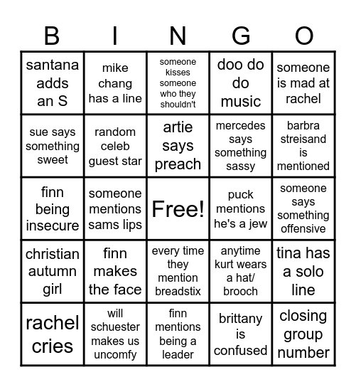 Glee Bingo Card