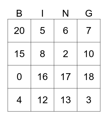 Bingo 0-20 Bingo Card