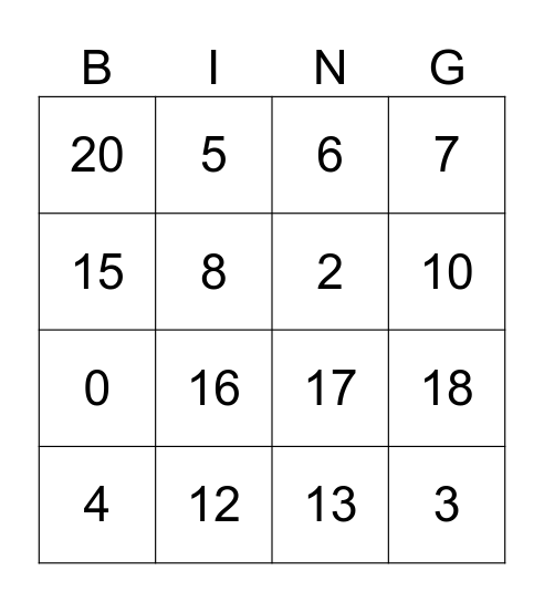 Bingo 0-20 Bingo Card