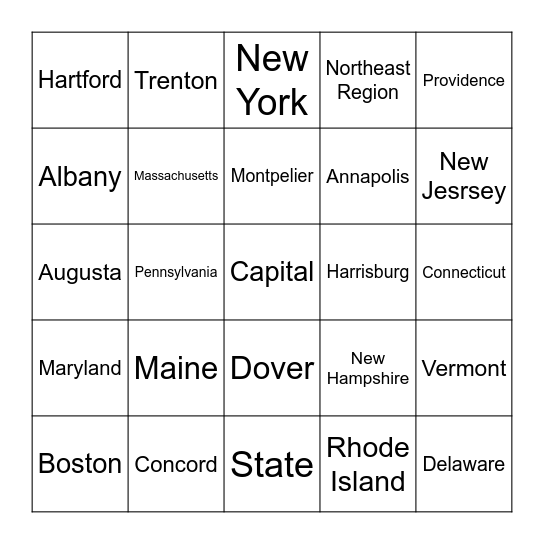 Northeast Region Bingo Card