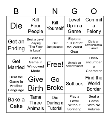 Single-Player Game Objective Bingo Card