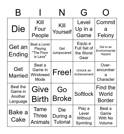 Single-Player Game Objective Bingo Card