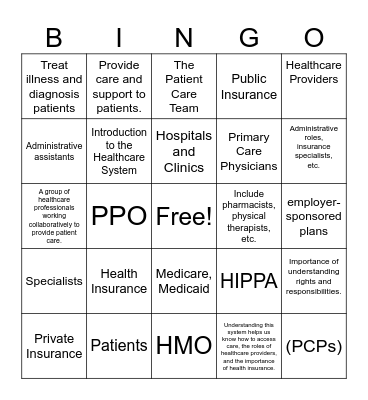 U.S. Healthcare System Civics Bingo Card