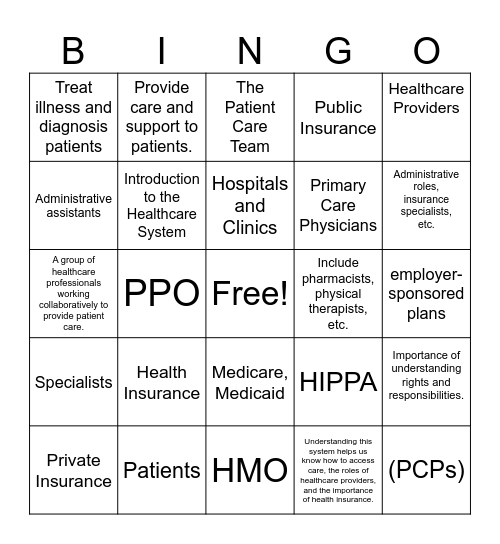 U.S. Healthcare System Civics Bingo Card