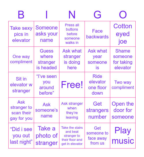 Elevator Rizz Bingo Card