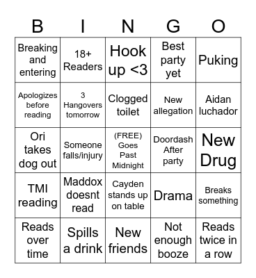 Matt and Ryan's Superb Party Bingo Card