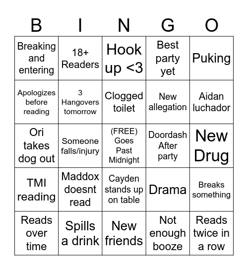 Matt and Ryan's Superb Party Bingo Card