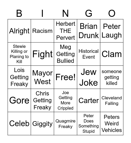 Family Guy Bingo Card