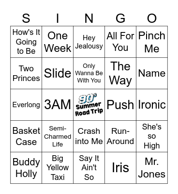 90's Summer Road Trip Singo - 50 songs Bingo Card