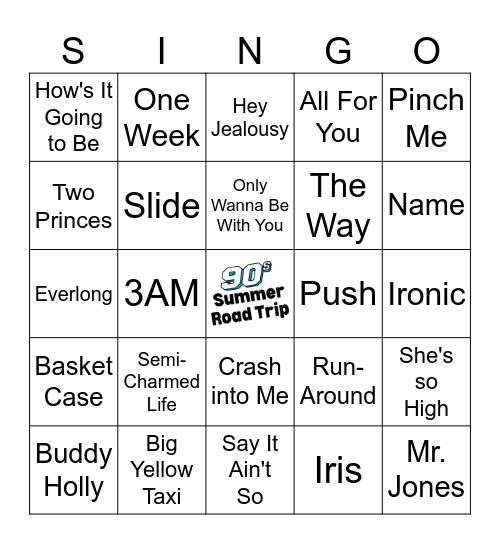 90's Summer Road Trip Singo - 50 songs Bingo Card