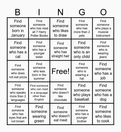 Getting to Know You Bingo Card