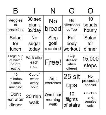 Health Bingo for the Week Bingo Card