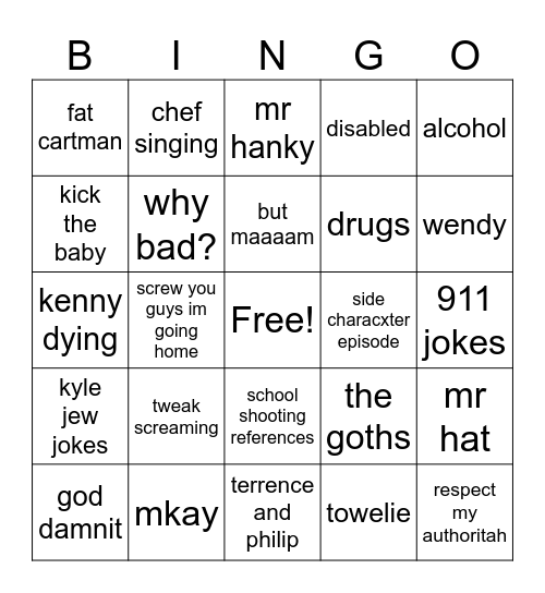 south park Bingo Card