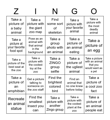 Zoo Bingo Challenge Bingo Card