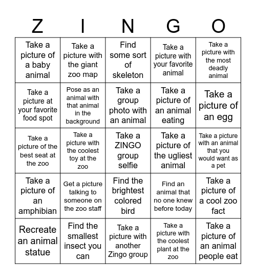 Zoo Bingo Challenge Bingo Card