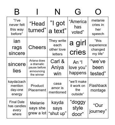 Love Island Bingo Card