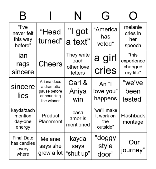 Love Island Bingo Card