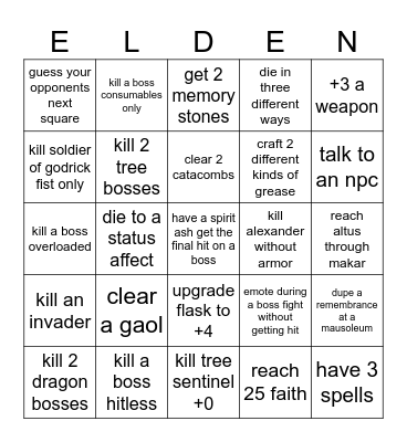 elden ring Bingo Card