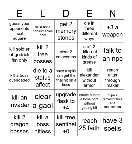 elden ring Bingo Card