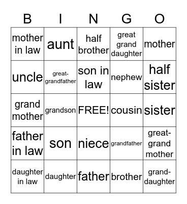 Family Vocabulary Bingo Card