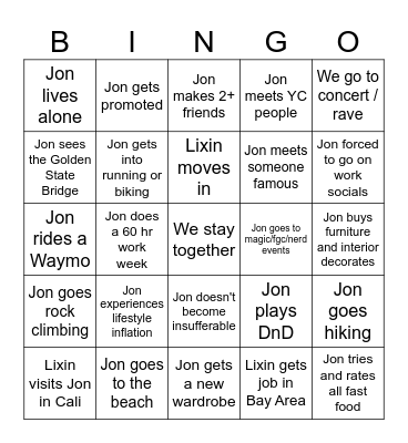 Jon California 1st Year Bingo Card