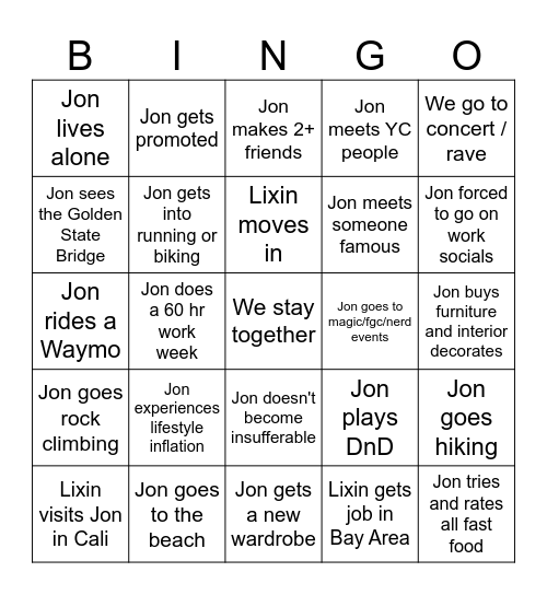 Jon California 1st Year Bingo Card