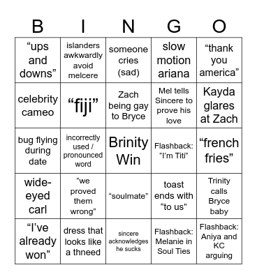 Love Island Bingo Card
