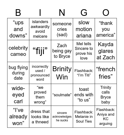 Love Island Bingo Card