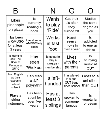 QUT Concert Band Bingo Card