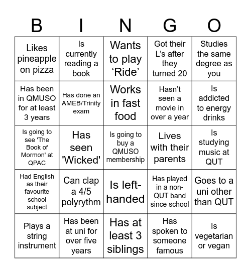 QUT Concert Band Bingo Card