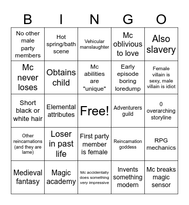 Isekai Bingo Card
