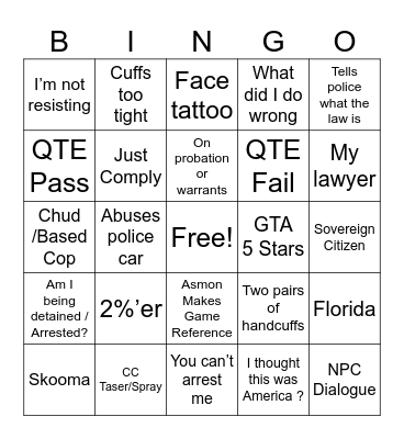 Cop Slop Bingo Card