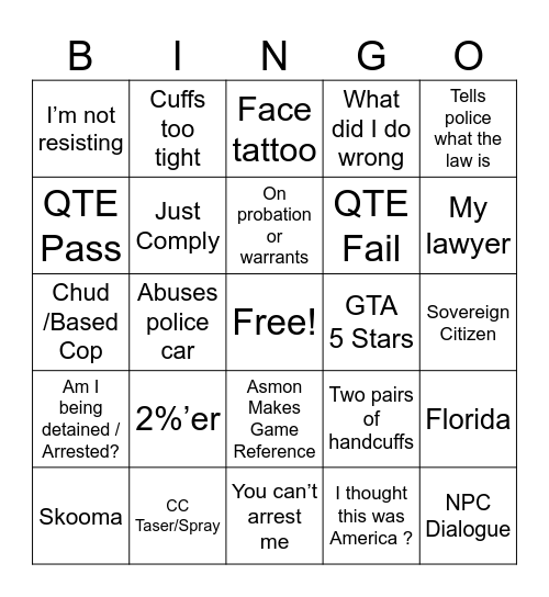 Cop Slop Bingo Card