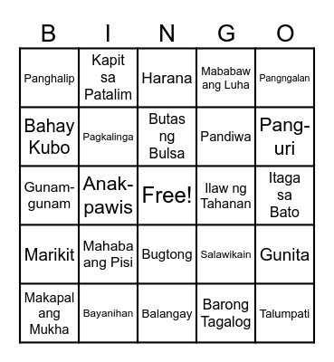 Filipino Bingo Card Bingo Card