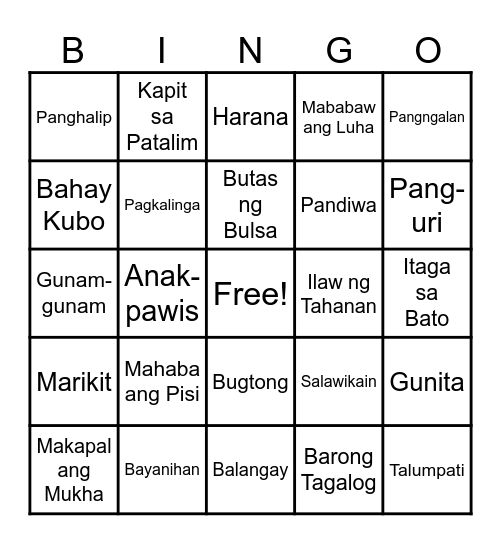 Filipino Bingo Card Bingo Card