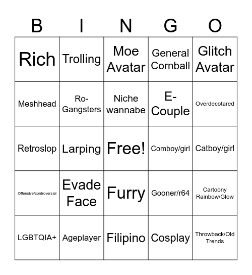 Catalog Avatar Creator Bingo Card